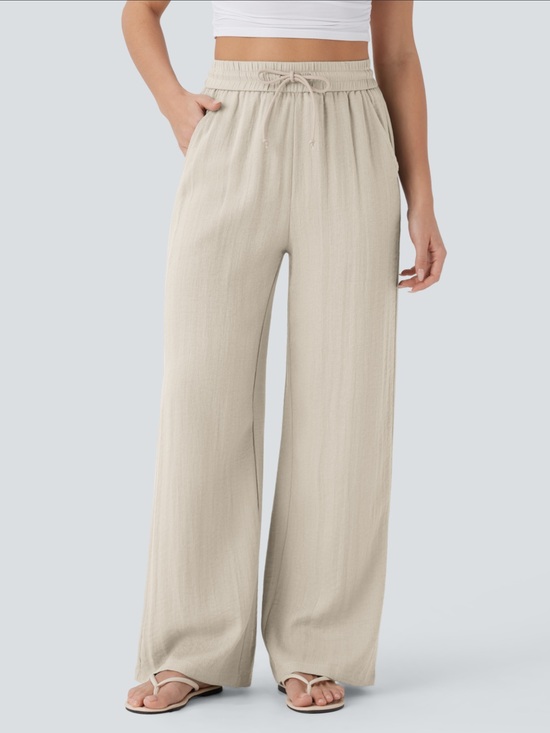 HALARA Pants - HALARA High Waisted Drawstring Pocket Wide Leg Baggy Casual Linen-Feel Pants